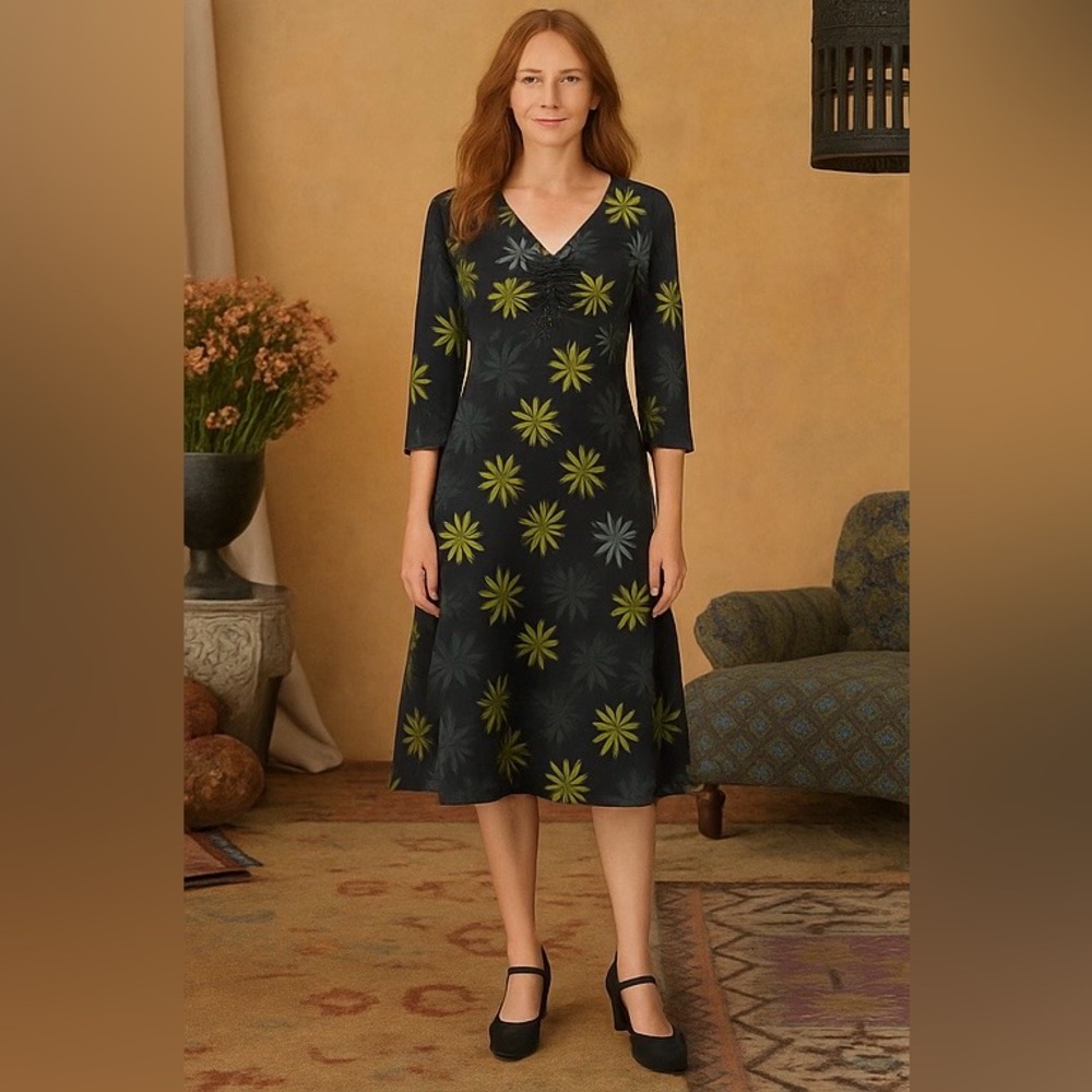 Vintage Limited Navy Floral Silk Midi Dress size 8